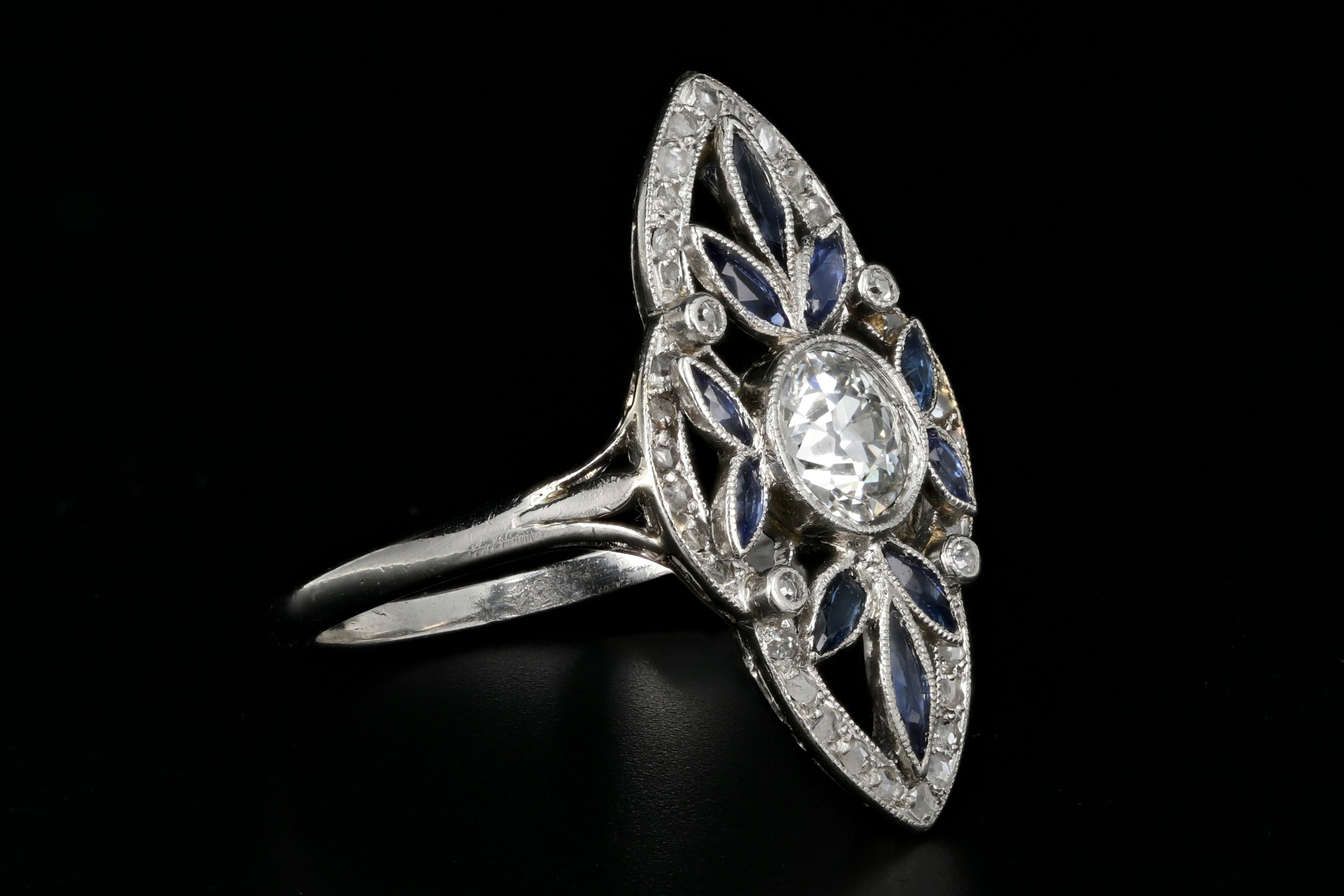 Rare Art Deco Platinum .5 Carat Old European Cut Diamond & Natural Sapphire Ring - Queen May
