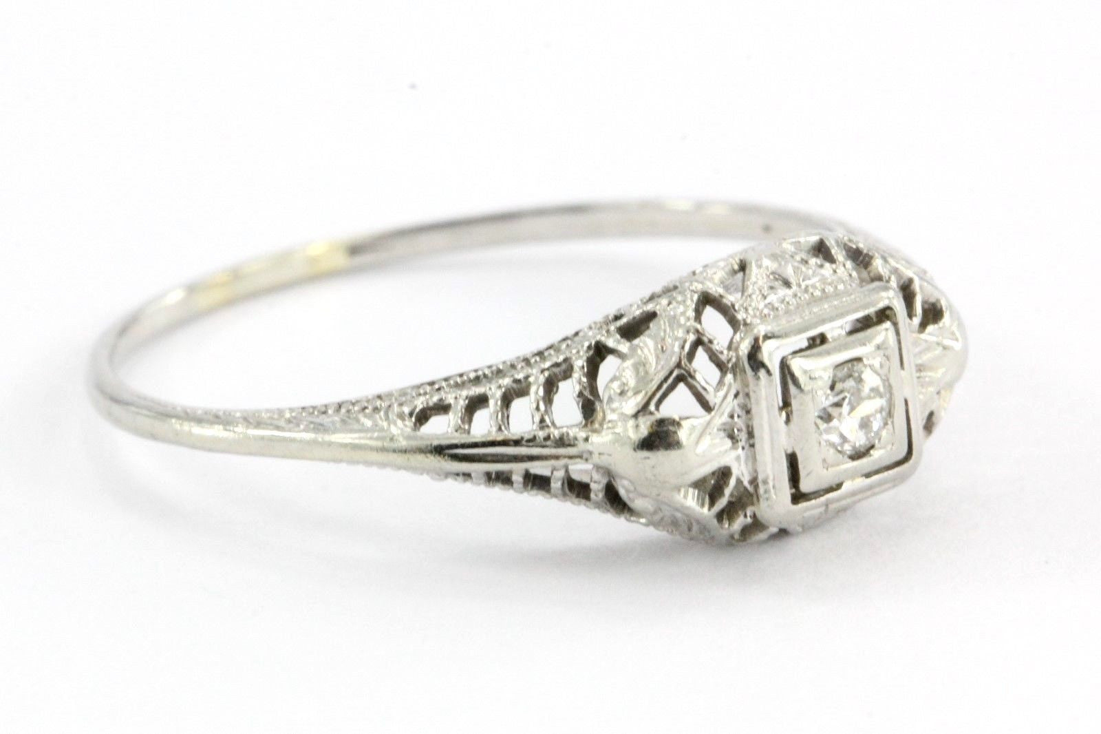 Antique Art Nouveau 18k White Gold & European Cut Diamond Engagement Ring - Queen May