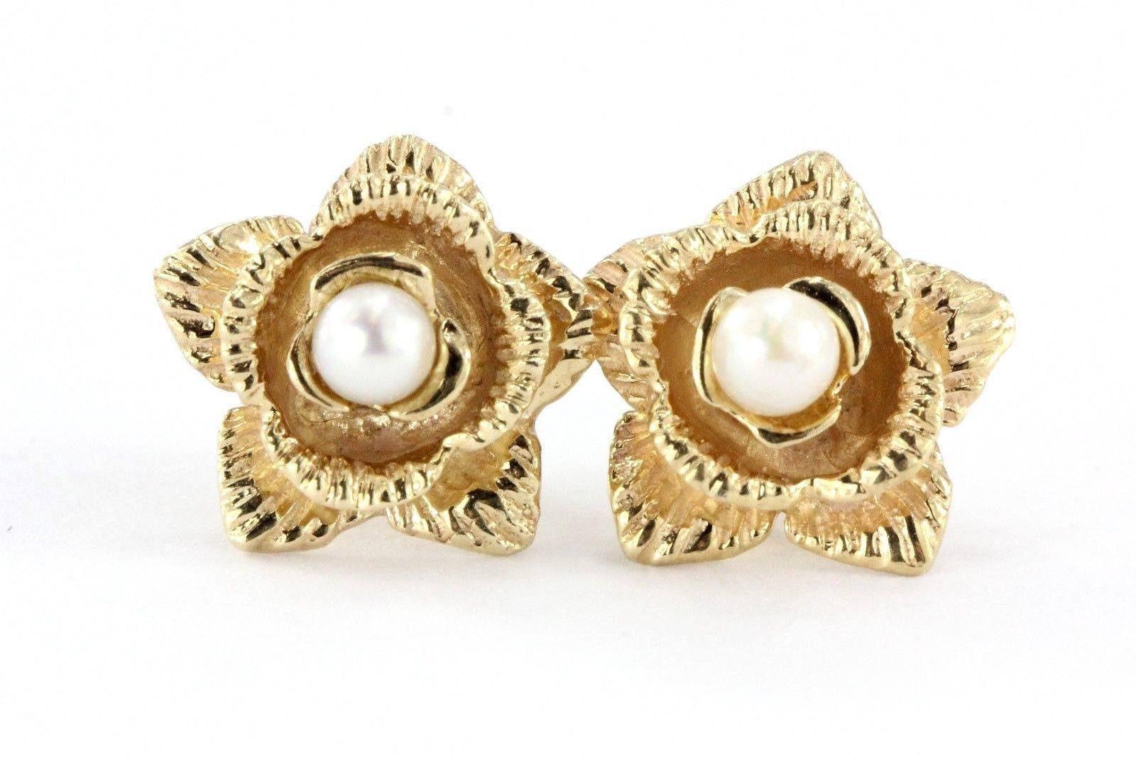 Vintage 14K Gold & Pearl Flower Florette Earrings - Queen May