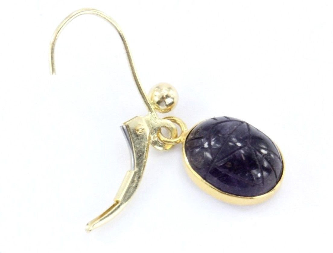 Vintage 14K Gold Amethyst Purple Carved Egyptian Scarab Earrings - Queen May