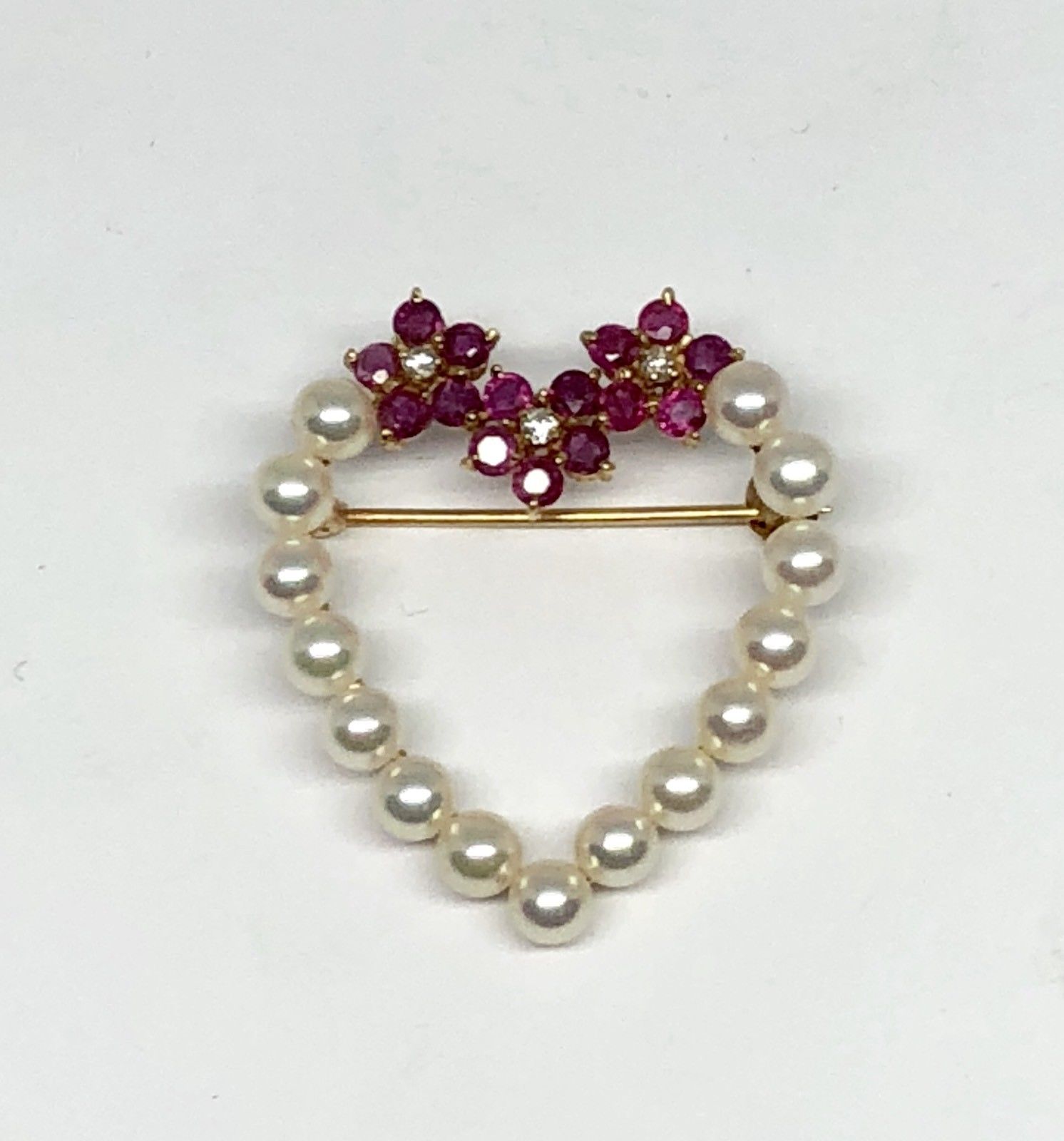 POS ONLY  Vintage 14K Gold Ruby Diamond & Pearl Flower Heart Brooch Pin - Queen May