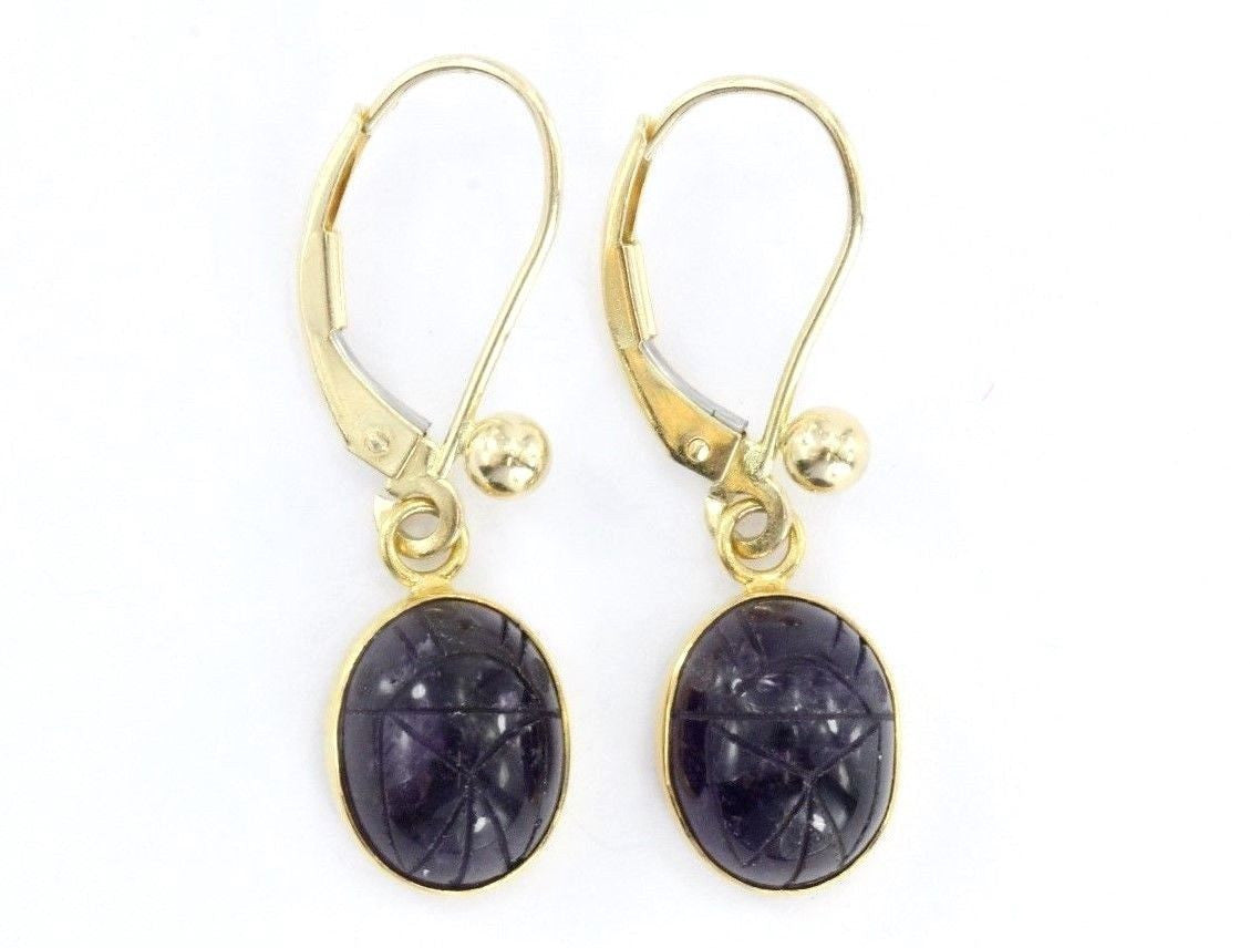 Vintage 14K Gold Amethyst Purple Carved Egyptian Scarab Earrings - Queen May