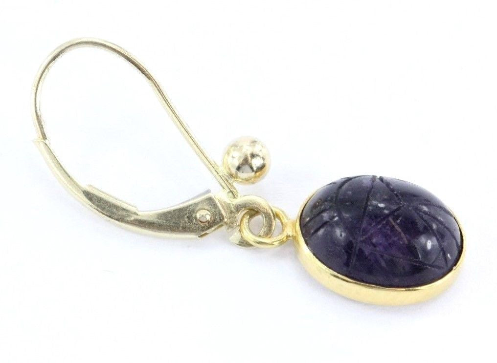 Vintage 14K Gold Amethyst Purple Carved Egyptian Scarab Earrings - Queen May