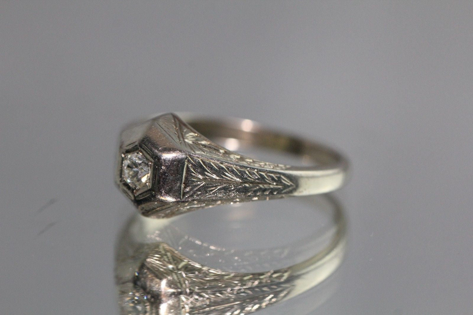 Antique Art Deco 20K Hand Chased Gold & Old Mine Cut Diamond Ring - Queen May