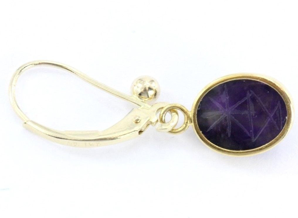 Vintage 14K Gold Amethyst Purple Carved Egyptian Scarab Earrings - Queen May