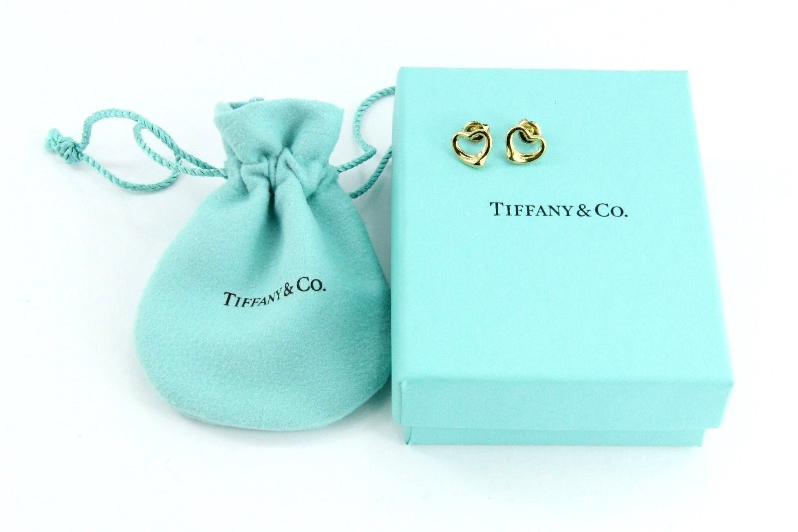 Tiffany & Co 18K Gold Elsa Peretti Open Heart Earring Studs w/ Pouch & Box - Queen May