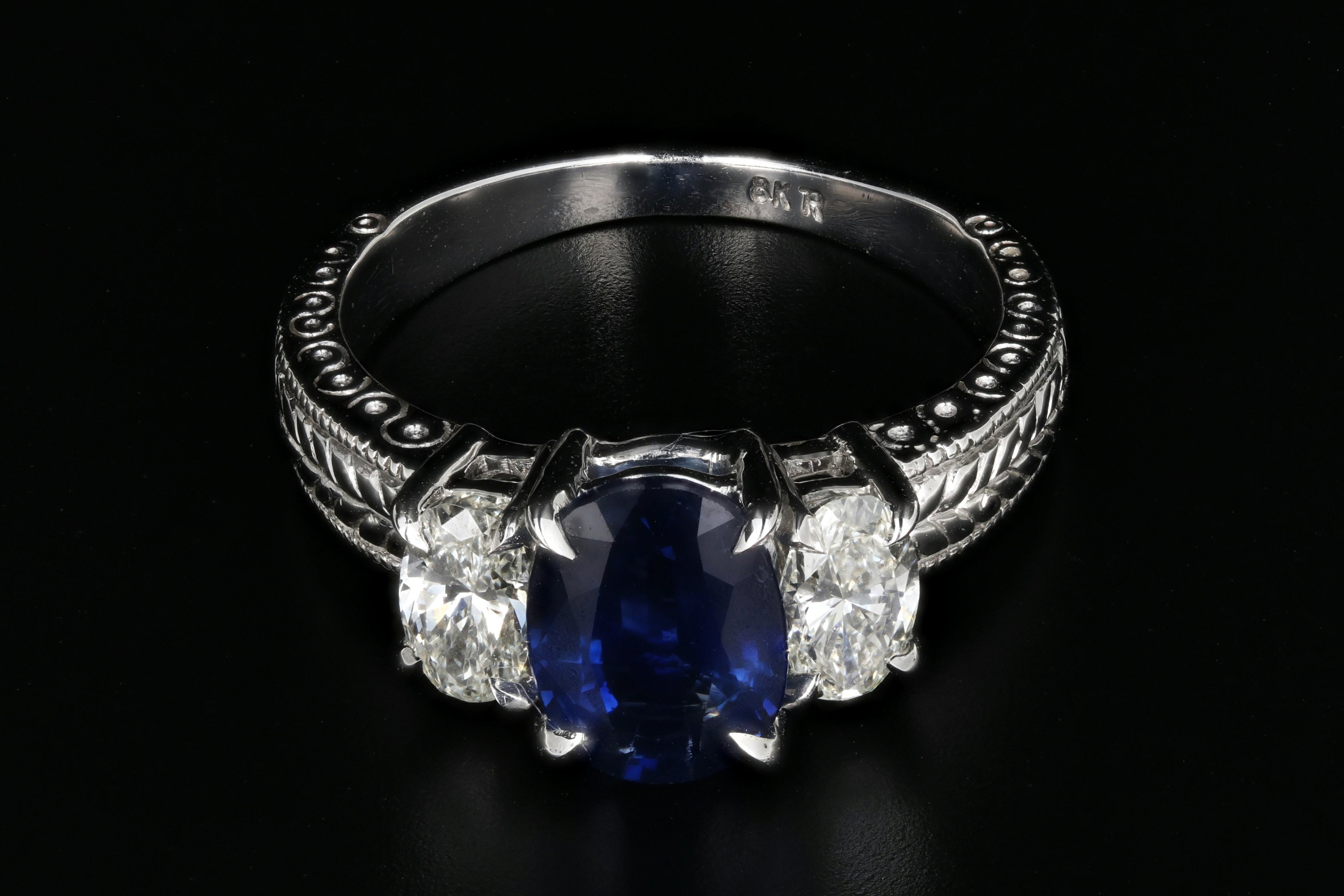 Modern 18K White Gold 2.2CT Natural Blue Sapphire and Diamond Ring - Queen May