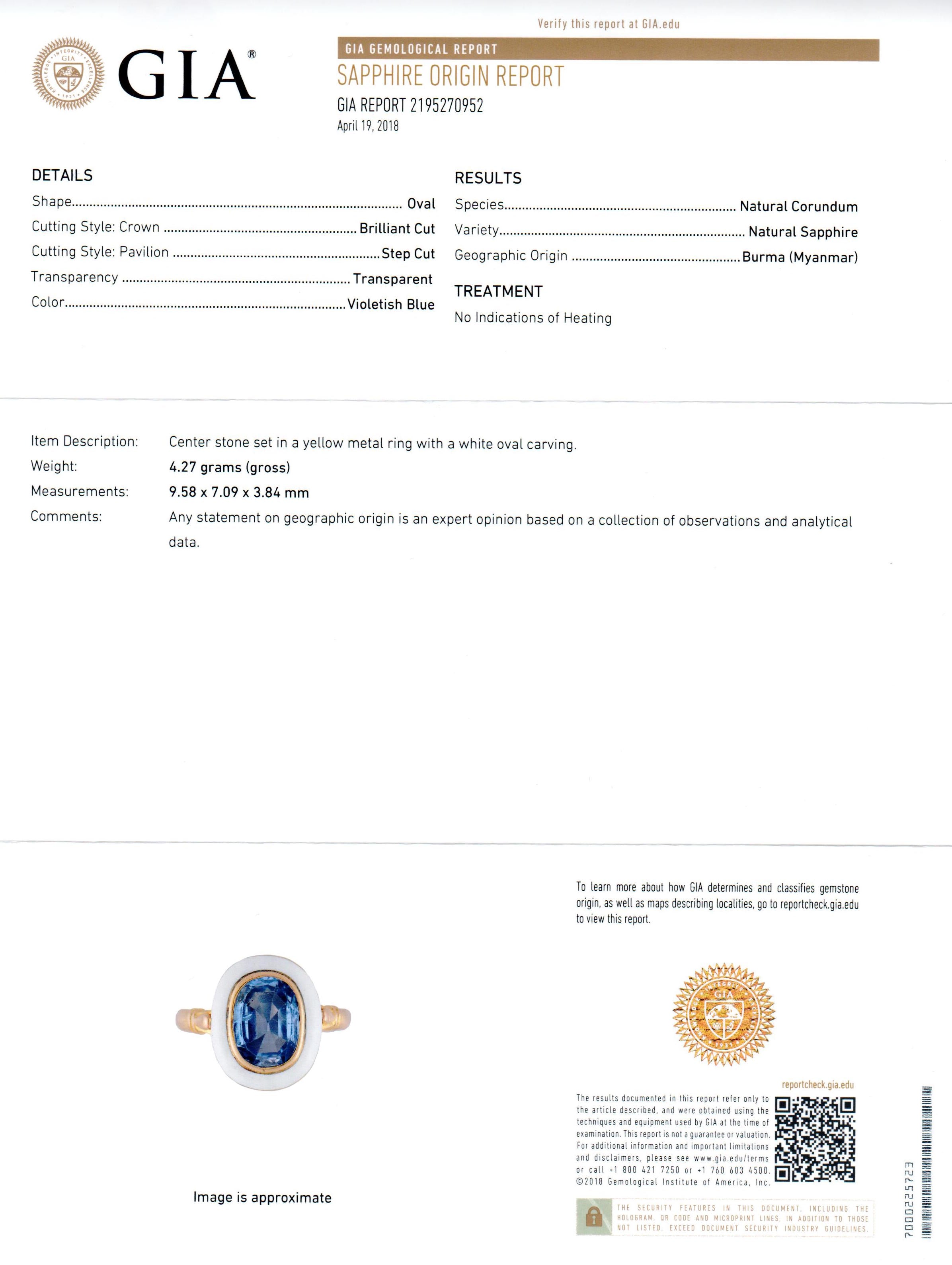 GIA Natural No Heat 2.1 Carat Natural Blue Burma Sapphire Victorian Gold Enamel Ring c.1890 - Queen May