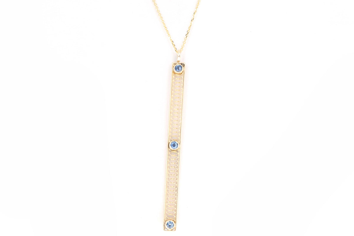 Art Deco 14K Yellow Gold .30 Carat Total Weight Natural Sapphire Bar Pin Conversion Pendant Necklace - Queen May