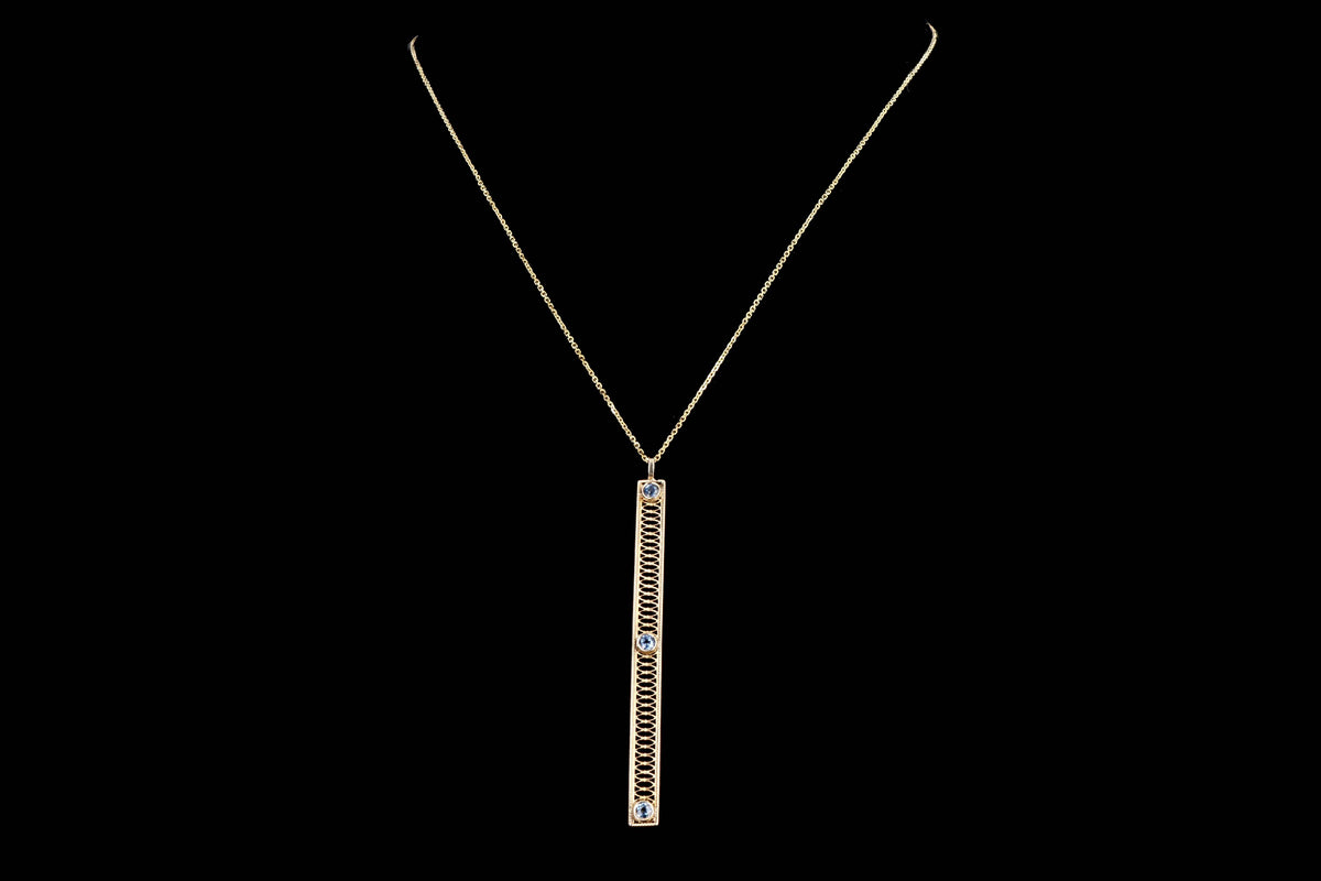 Art Deco 14K Yellow Gold .30 Carat Total Weight Natural Sapphire Bar Pin Conversion Pendant Necklace - Queen May