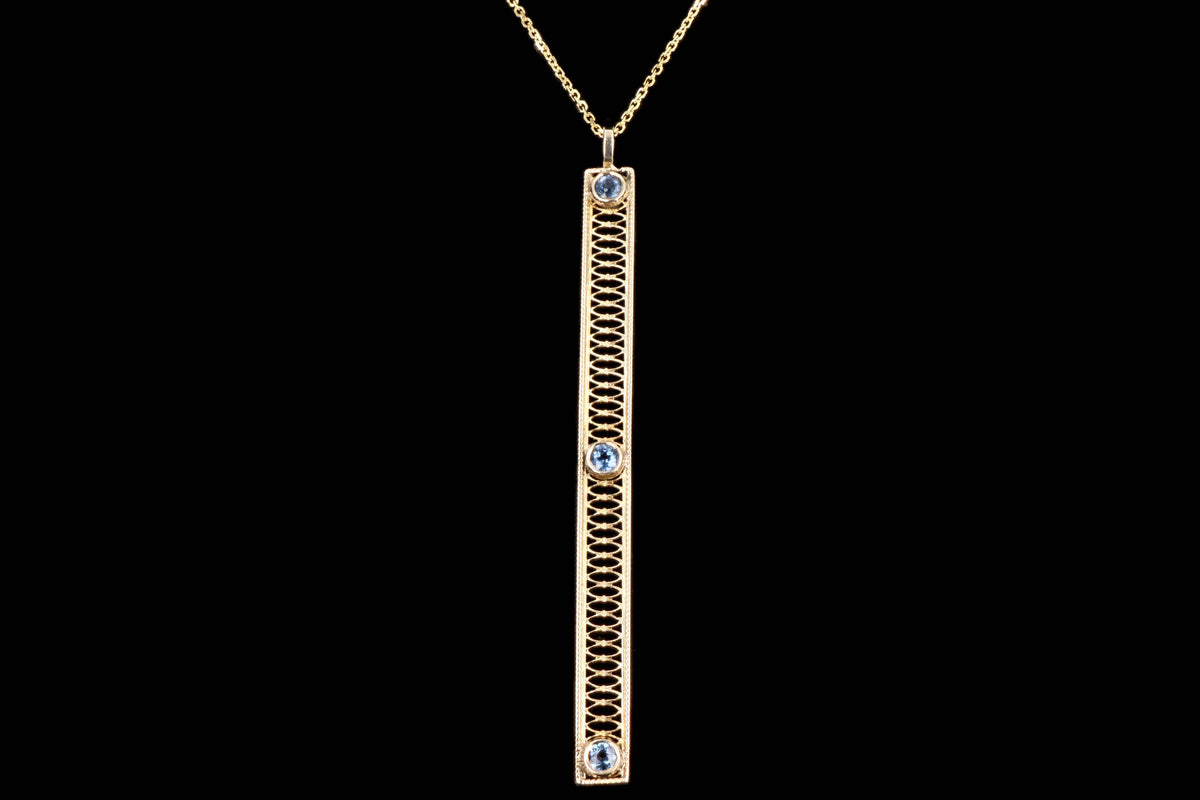 Art Deco 14K Yellow Gold .30 Carat Total Weight Natural Sapphire Bar Pin Conversion Pendant Necklace - Queen May