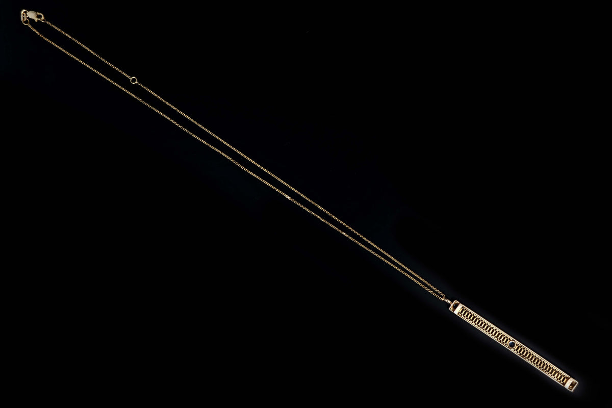 Art Deco 14K Yellow Gold .30 Carat Total Weight Natural Sapphire Bar Pin Conversion Pendant Necklace - Queen May