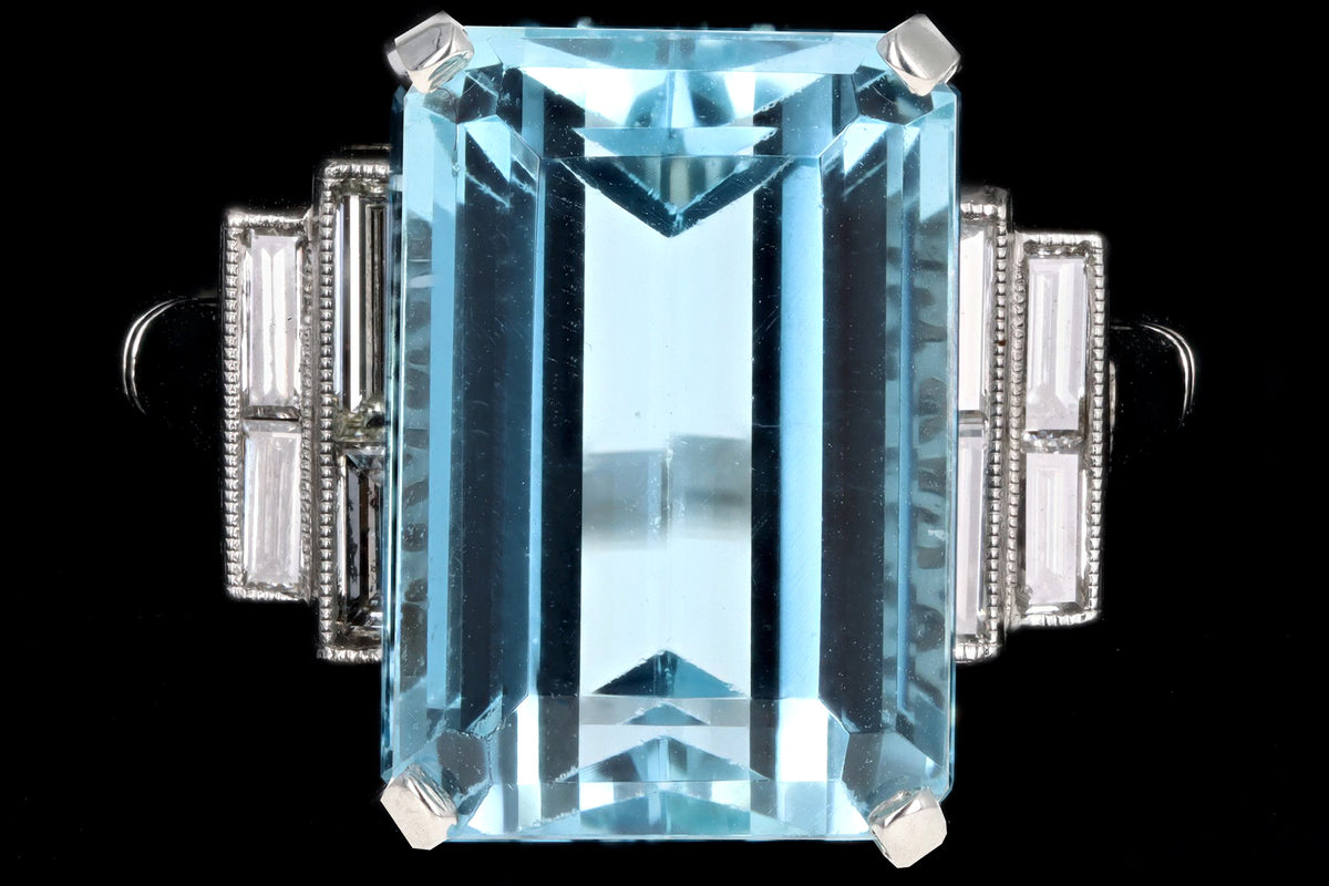 Art Deco Inspired Platinum 9.39 Carat Aquamarine & Baguette Diamond Ring - Queen May