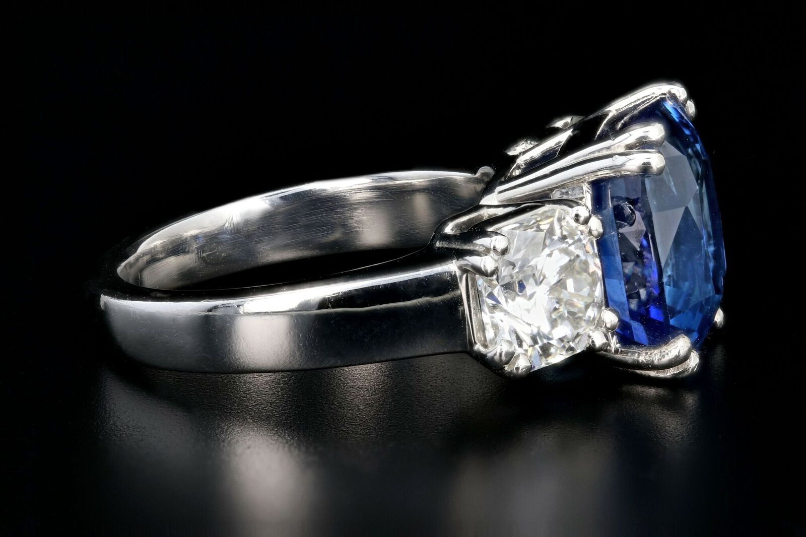 Modern Platinum 6.65 Carat Ceylon Sapphire and Octagonal Cut Diamond Three Stone Ring - Queen May