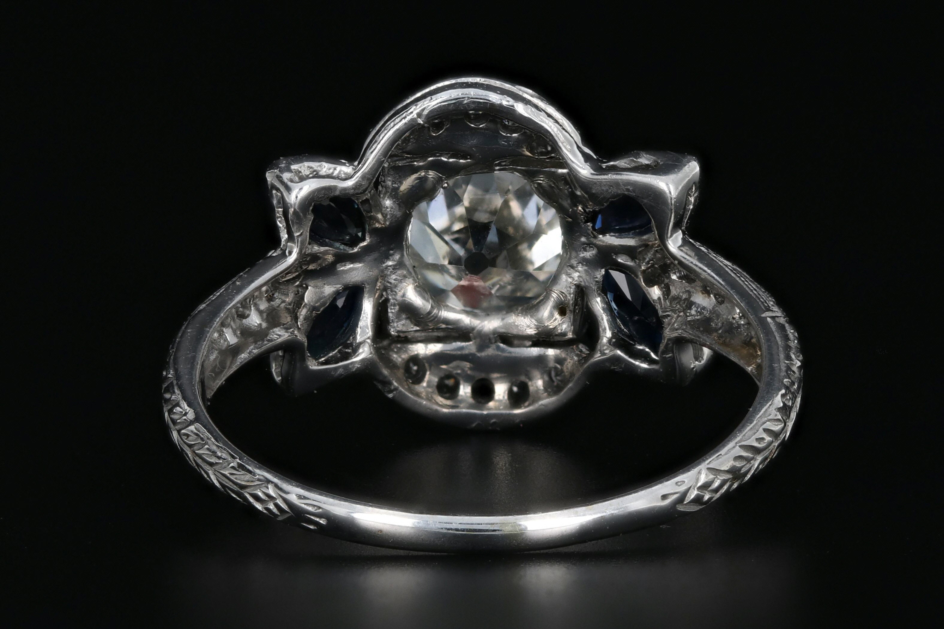 Art Deco 18K White Gold 1.16 Carat Old Mine Cut Diamond & Sapphire Ring GIA Certified - Queen May
