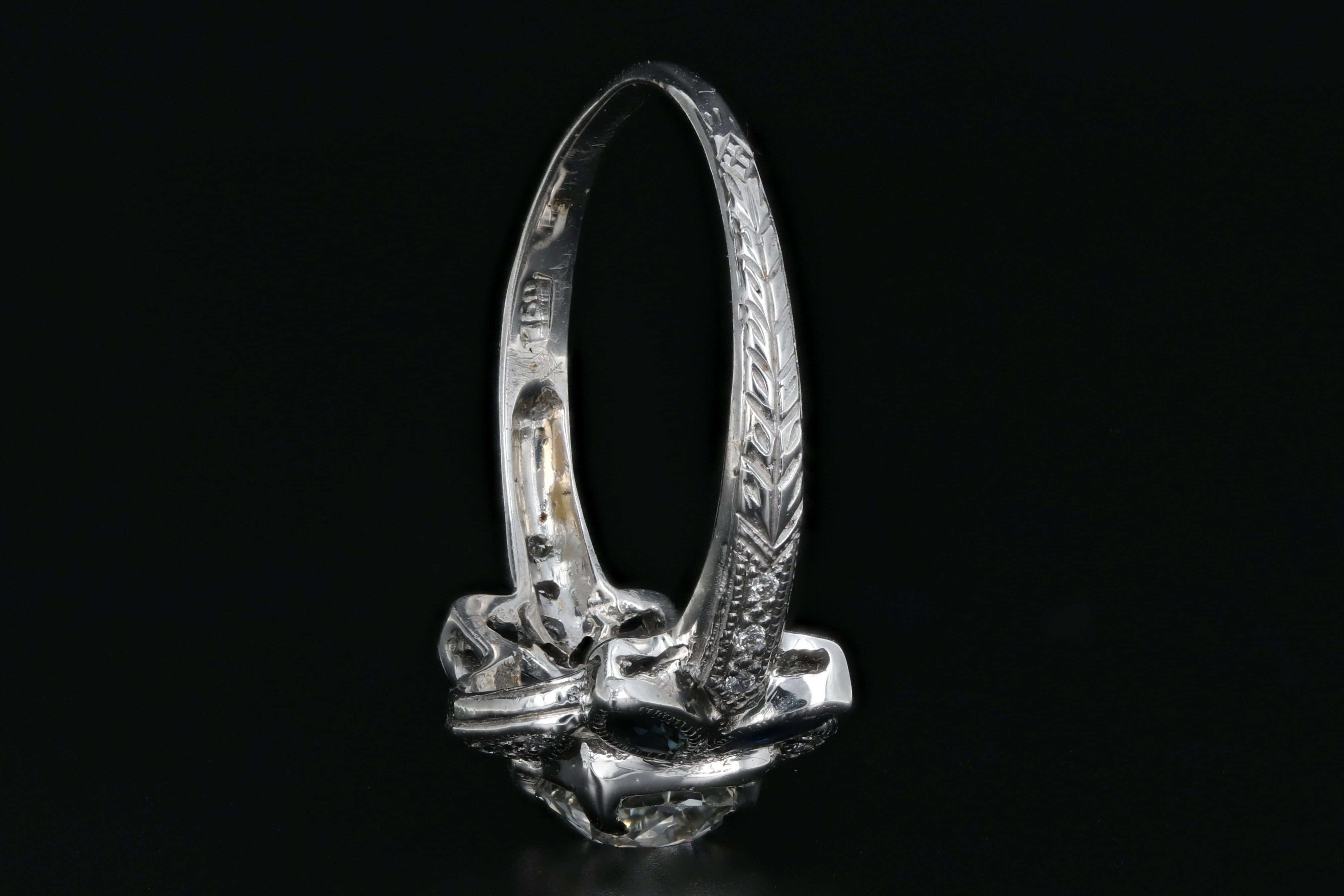 Art Deco 18K White Gold 1.16 Carat Old Mine Cut Diamond & Sapphire Ring GIA Certified - Queen May