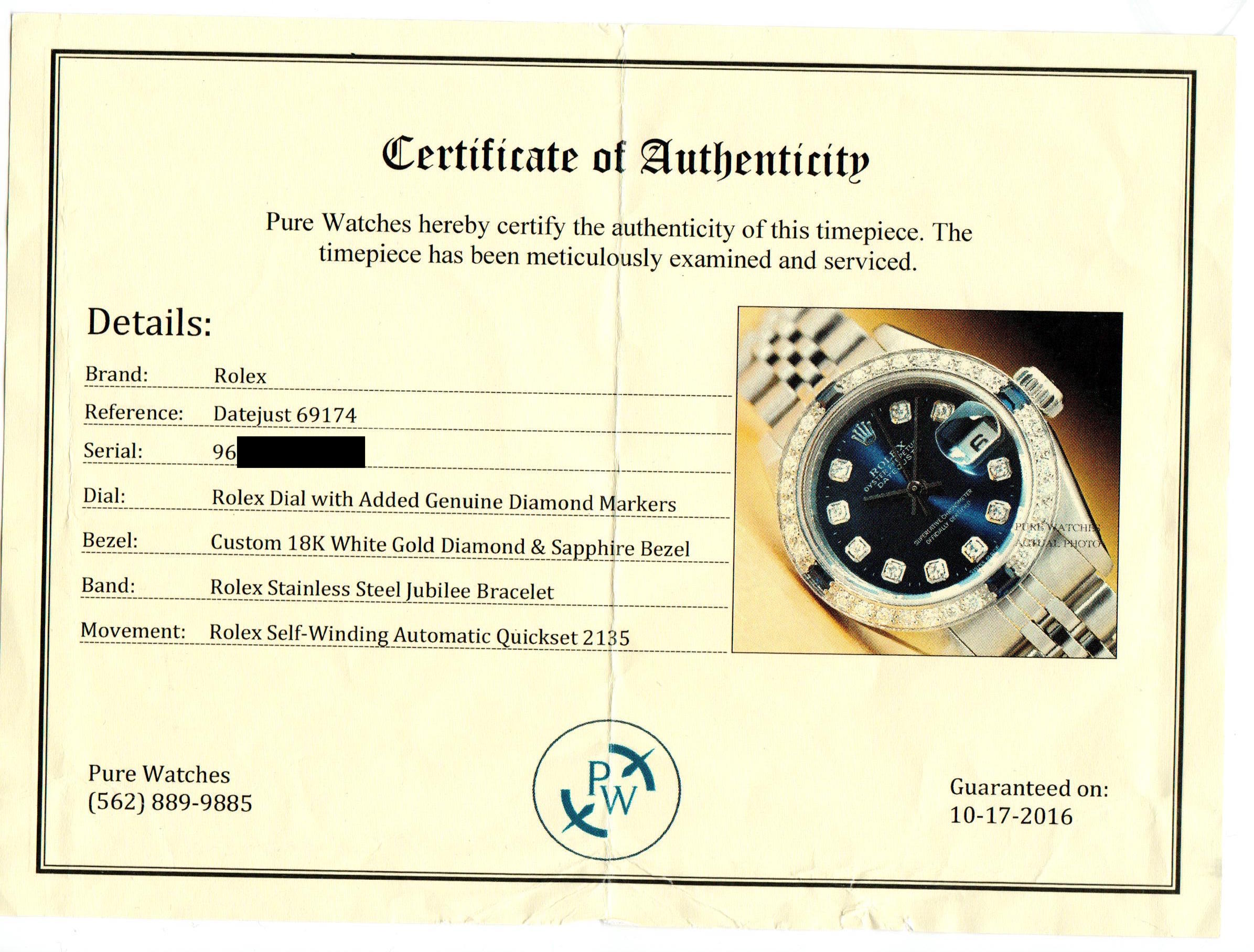 Rolex Datejust 69174 Stainless Diamond Sapphire Quickset Blue Dial Ladies Watch - Queen May