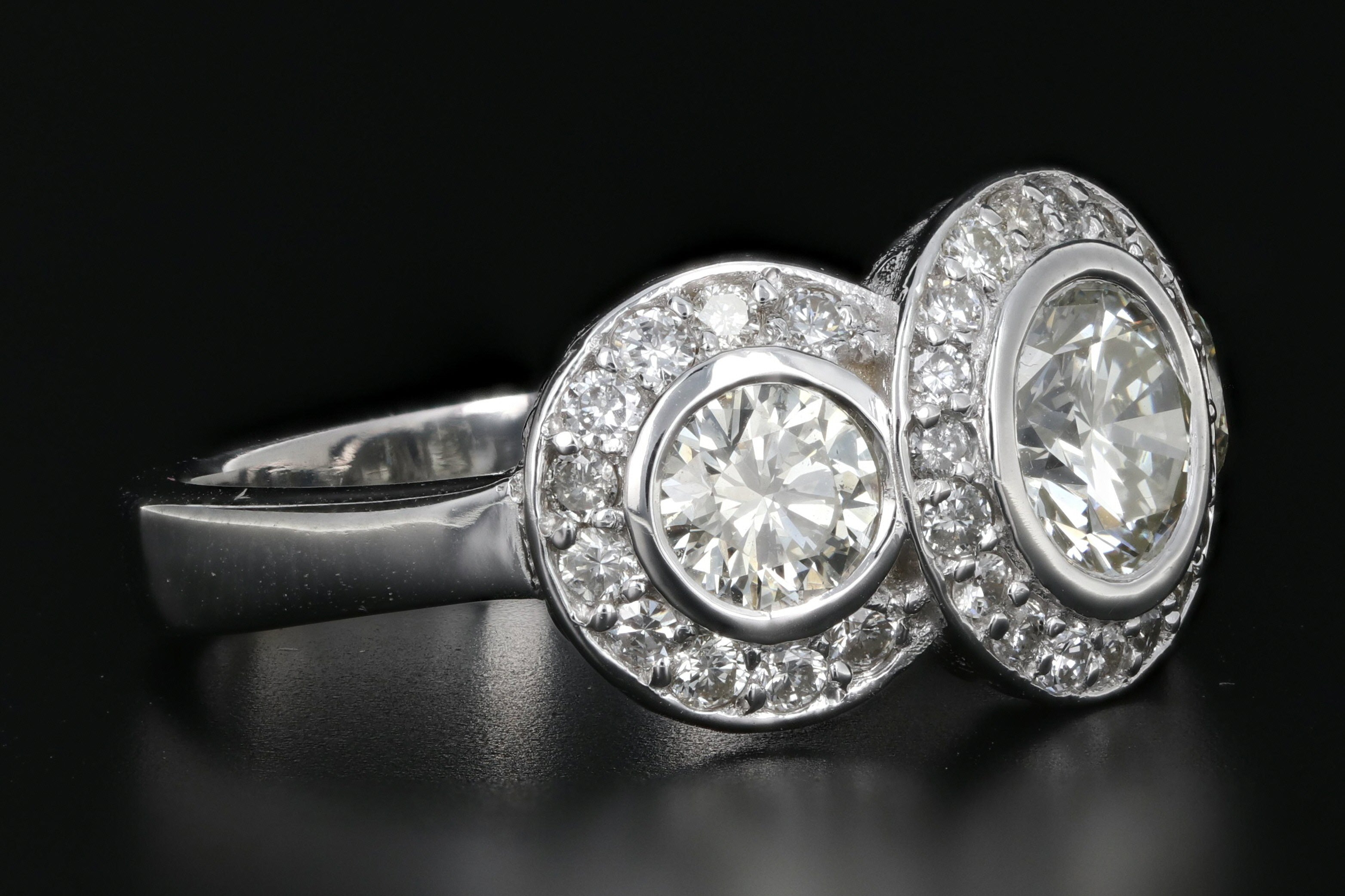 Modern 14K White Gold 3 Stone 2.45 Carat Diamond Weight Total Halo Ring - Queen May