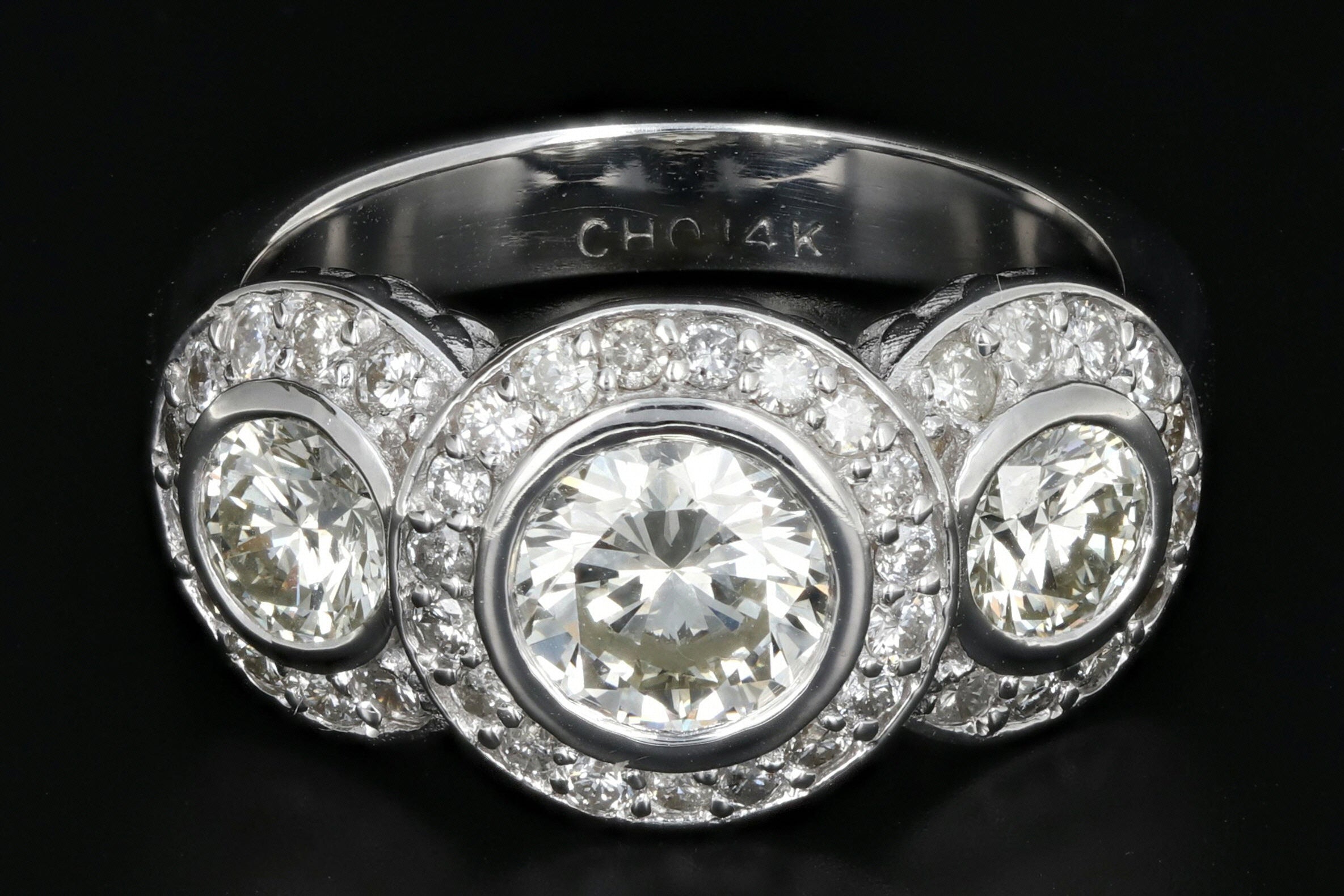 Modern 14K White Gold 3 Stone 2.45 Carat Diamond Weight Total Halo Ring - Queen May
